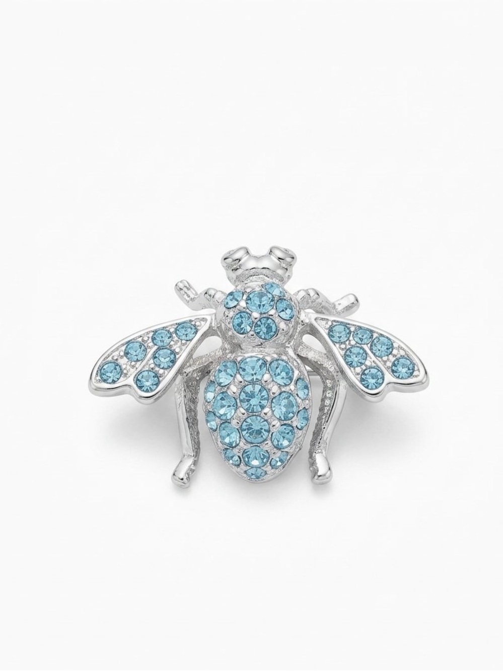 Vintage Joan Rivers Signed Silvertone Aqua Blue Rhinestone Bee Brooch Pin